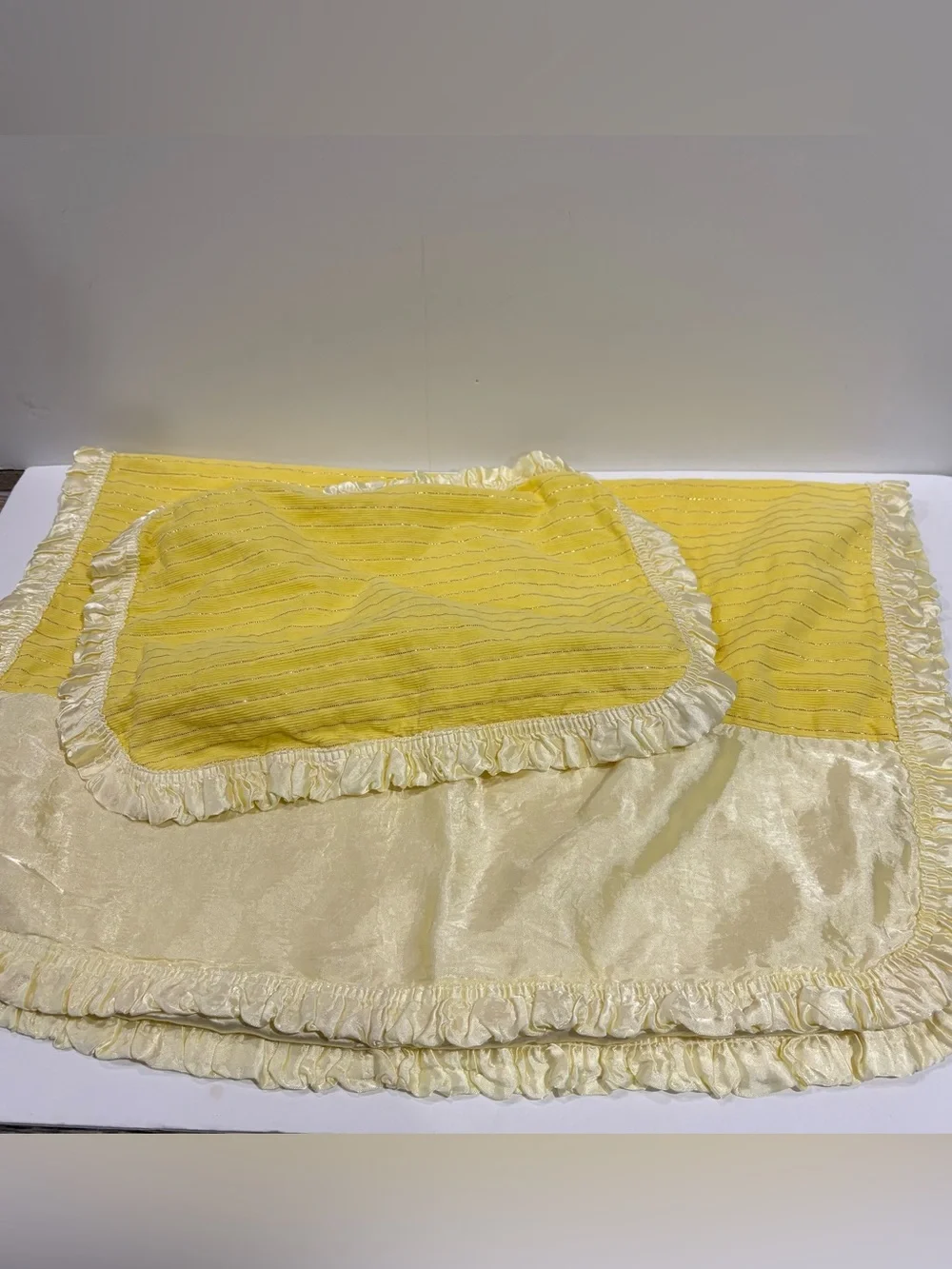 Vtg Handmade Baby Blanket W/ Pillowcase Yellow Satin Trim & Backing Gold Stripe